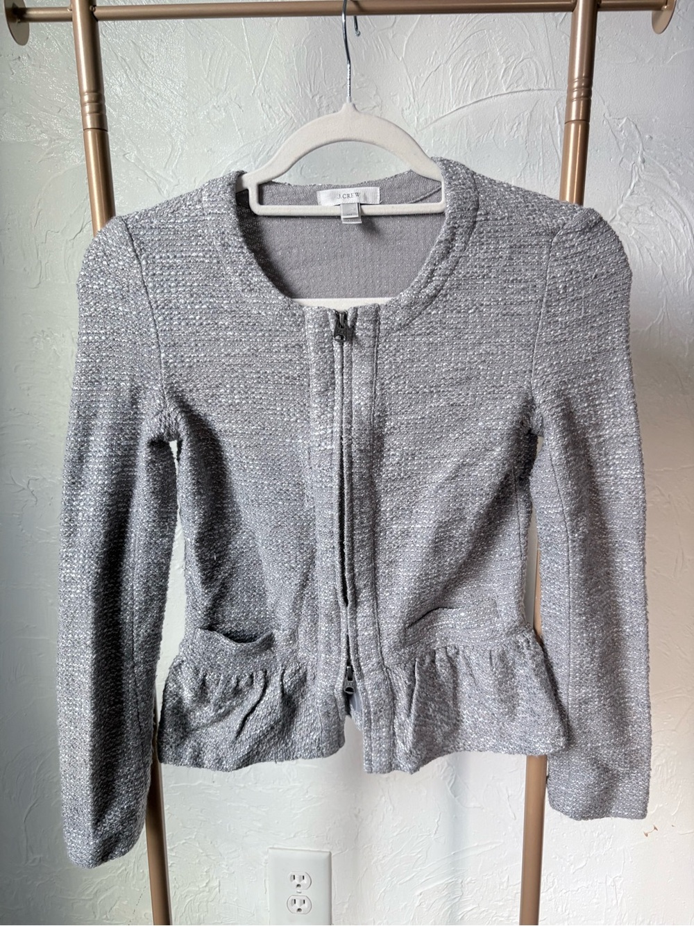 J.Crew Gray Boucle Peplum Zip Front Jacket XXS